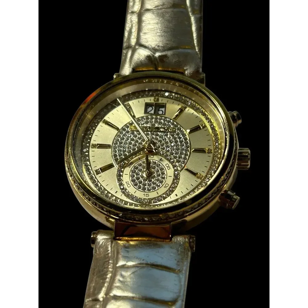 Michael Kors MK2444 Sawyer Champagne Dial Gold Leather Strap Chrono Women Watch
